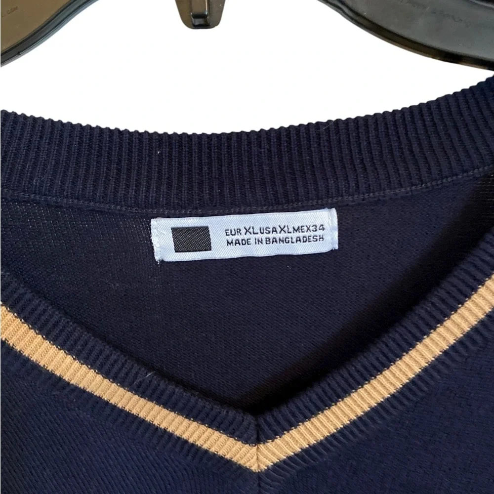 Cotton Knit Blue Tan strip V-neck Sweater  eclectic Grandpa fisherman old money